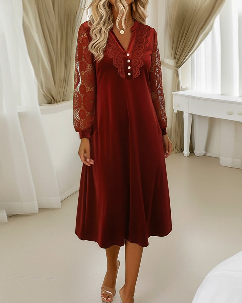 Velvet V-Neck Dress with Lace Long Sleeves
