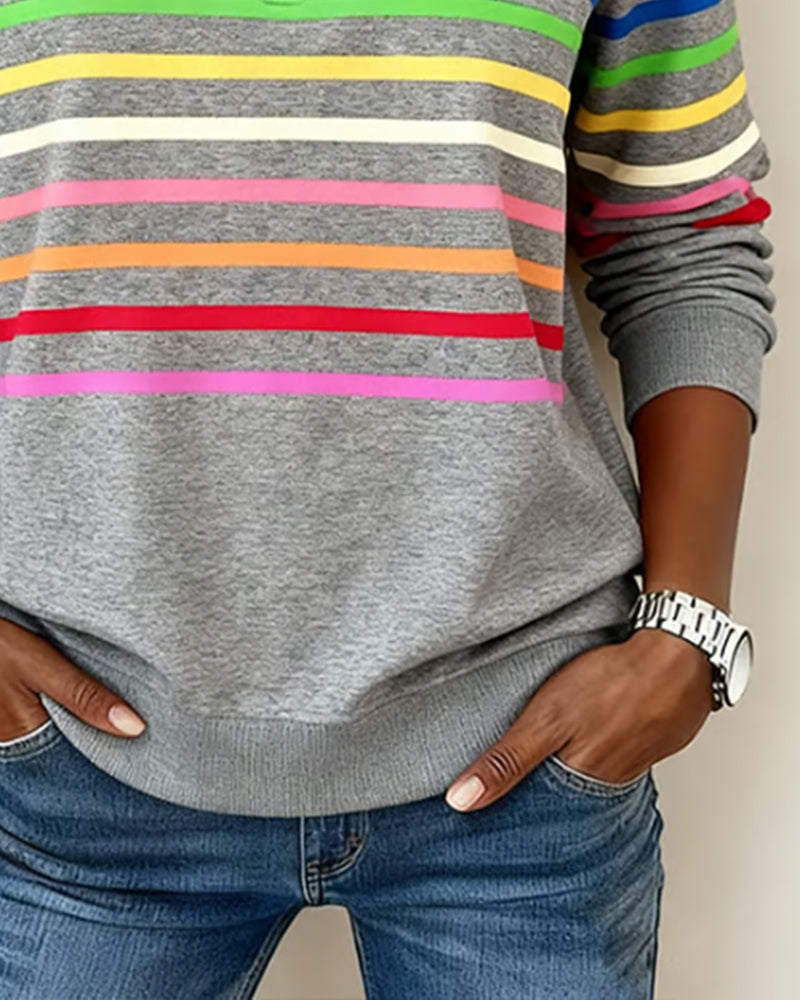 Trendy Rainbow Striped Half-Zip Collar Sweatshirt