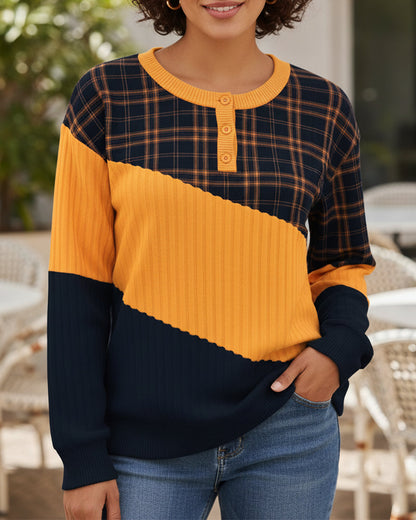 Color-Block Plaid Long-Sleeve Hoodie with Crew Neck