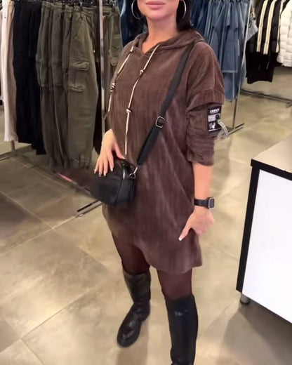Long-Sleeved Hooded Dress in Solid Color