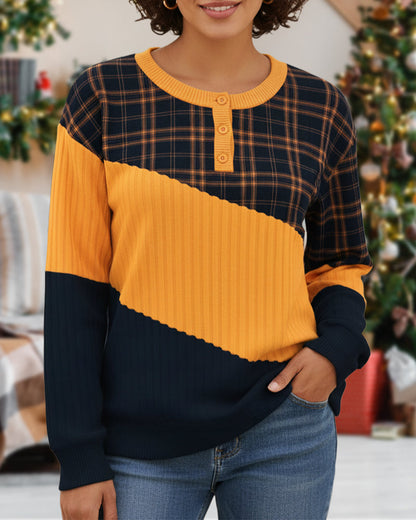 Color-Block Plaid Long-Sleeve Hoodie with Crew Neck