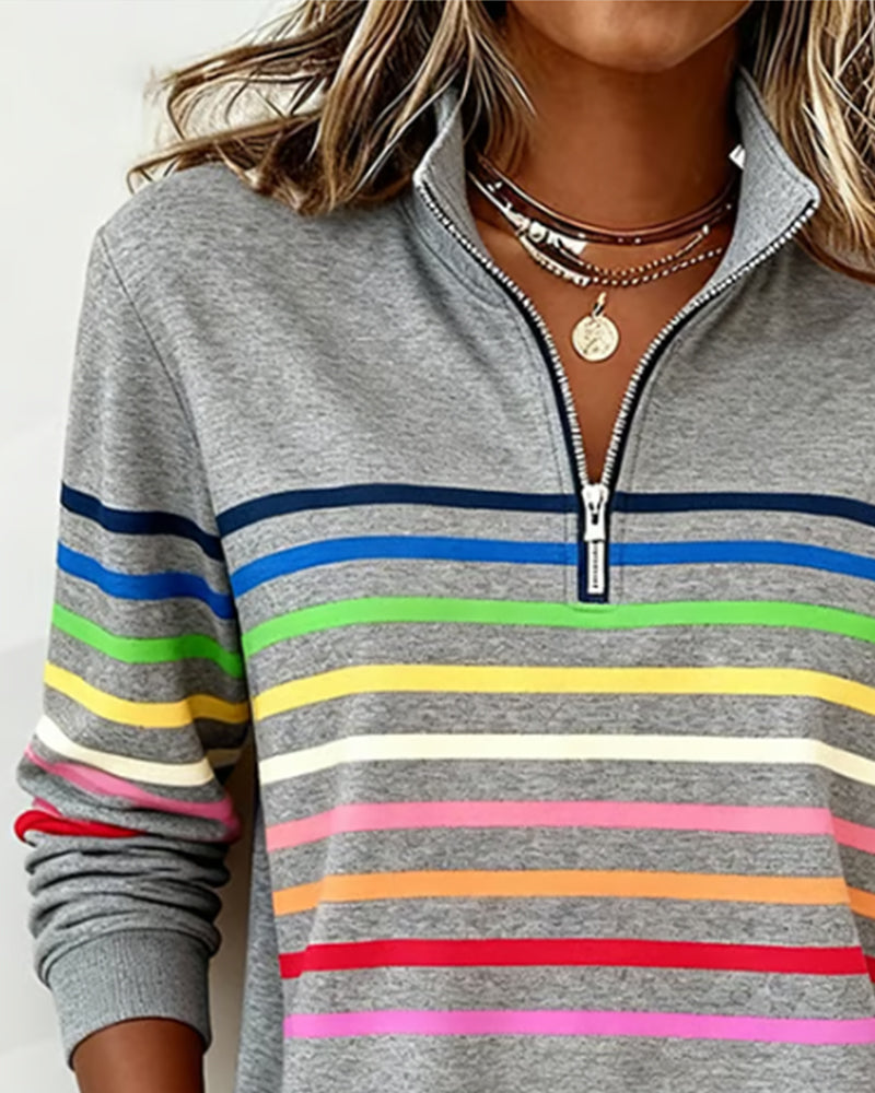 Trendy Rainbow Striped Half-Zip Collar Sweatshirt