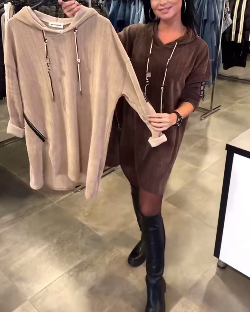 Long-Sleeved Hooded Dress in Solid Color