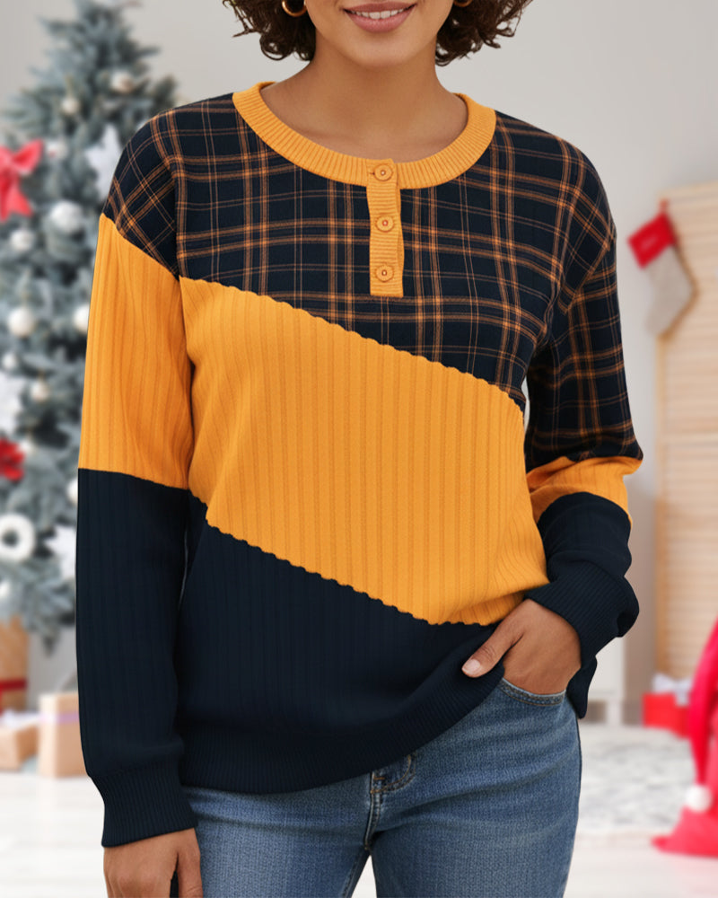 Color-Block Plaid Long-Sleeve Hoodie with Crew Neck