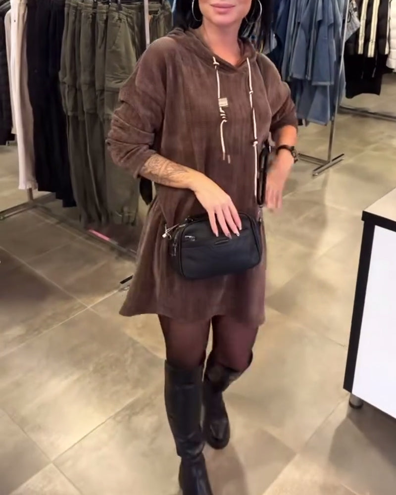 Long-Sleeved Hooded Dress in Solid Color