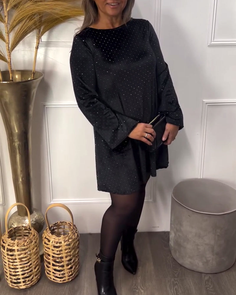 Rhinestone-Embellished Round Neck Dress