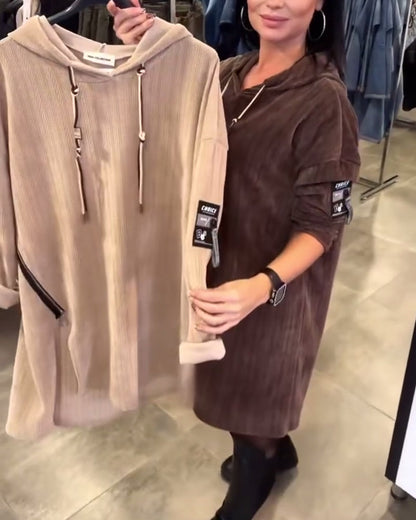 Long-Sleeved Hooded Dress in Solid Color