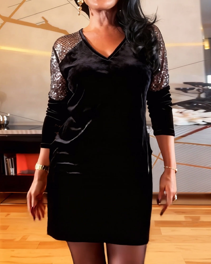 Chic Velvet Patchwork Long-Sleeve Dress