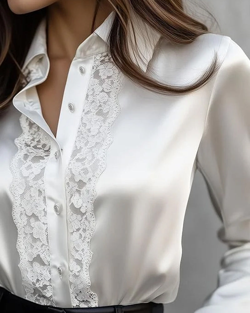 Lace-Trimmed Stylish Collared Blouse