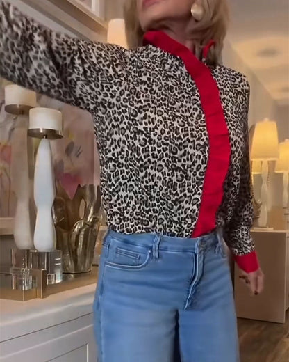 Color-Blocked Blouse with Ruffled Leopard Print