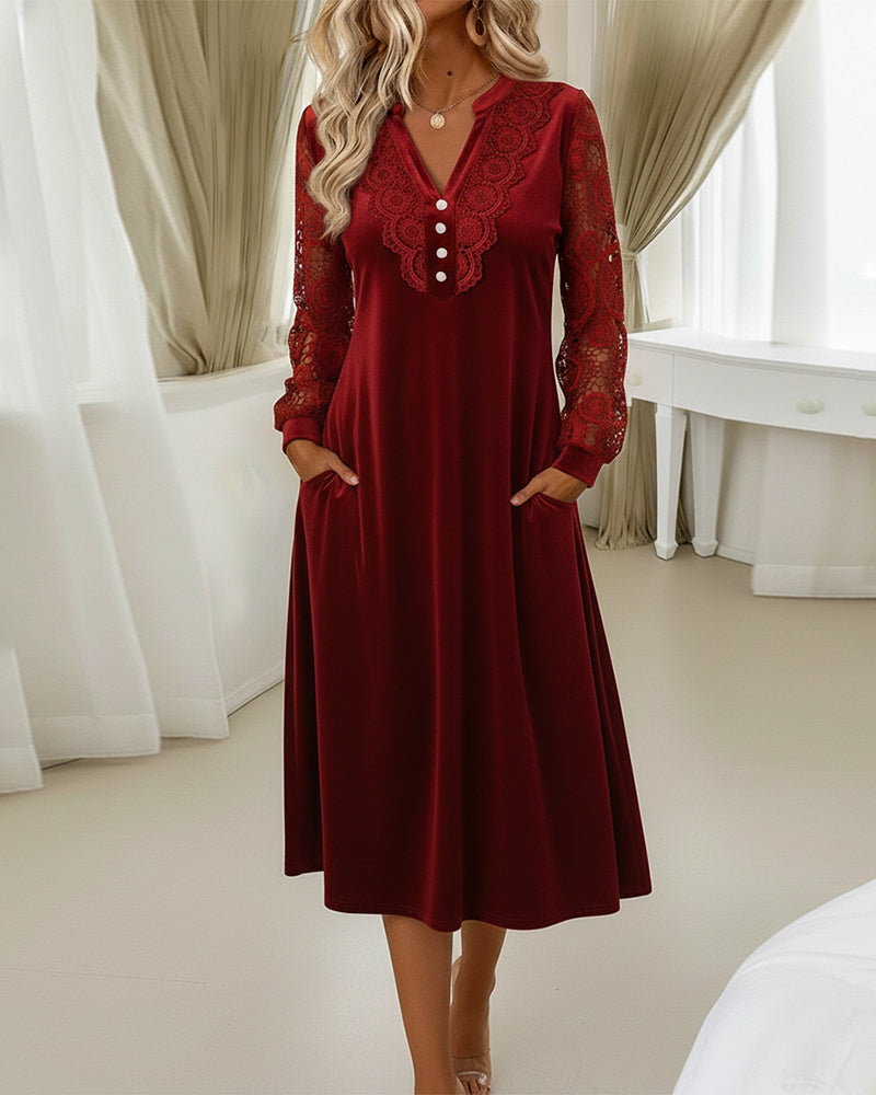Velvet V-Neck Dress with Lace Long Sleeves