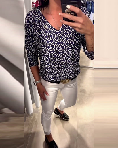 V-Neck Long Sleeve Top with Chain Print