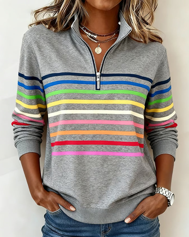 Trendy Rainbow Striped Half-Zip Collar Sweatshirt