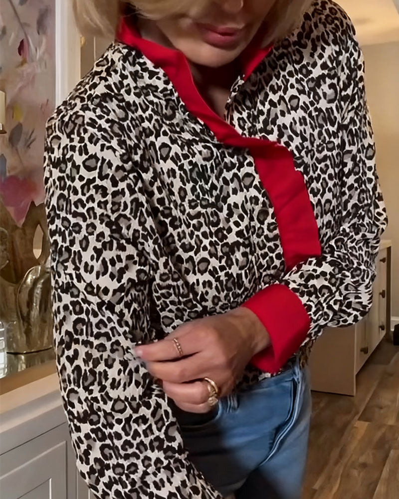 Color-Blocked Blouse with Ruffled Leopard Print