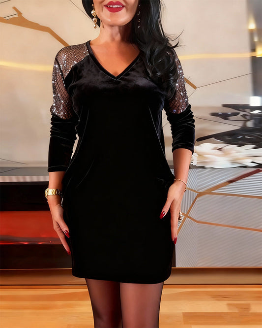 Chic Velvet Patchwork Long-Sleeve Dress