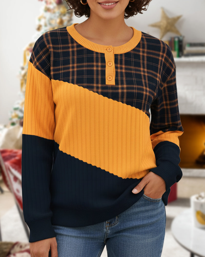 Color-Block Plaid Long-Sleeve Hoodie with Crew Neck