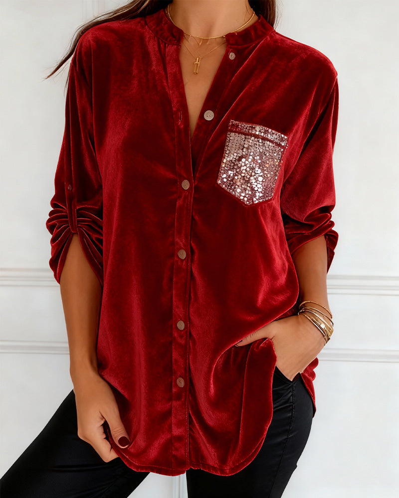 Velvet Blouses with Sequined Pockets