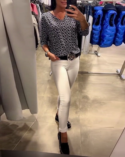 V-Neck Long Sleeve Top with Chain Print