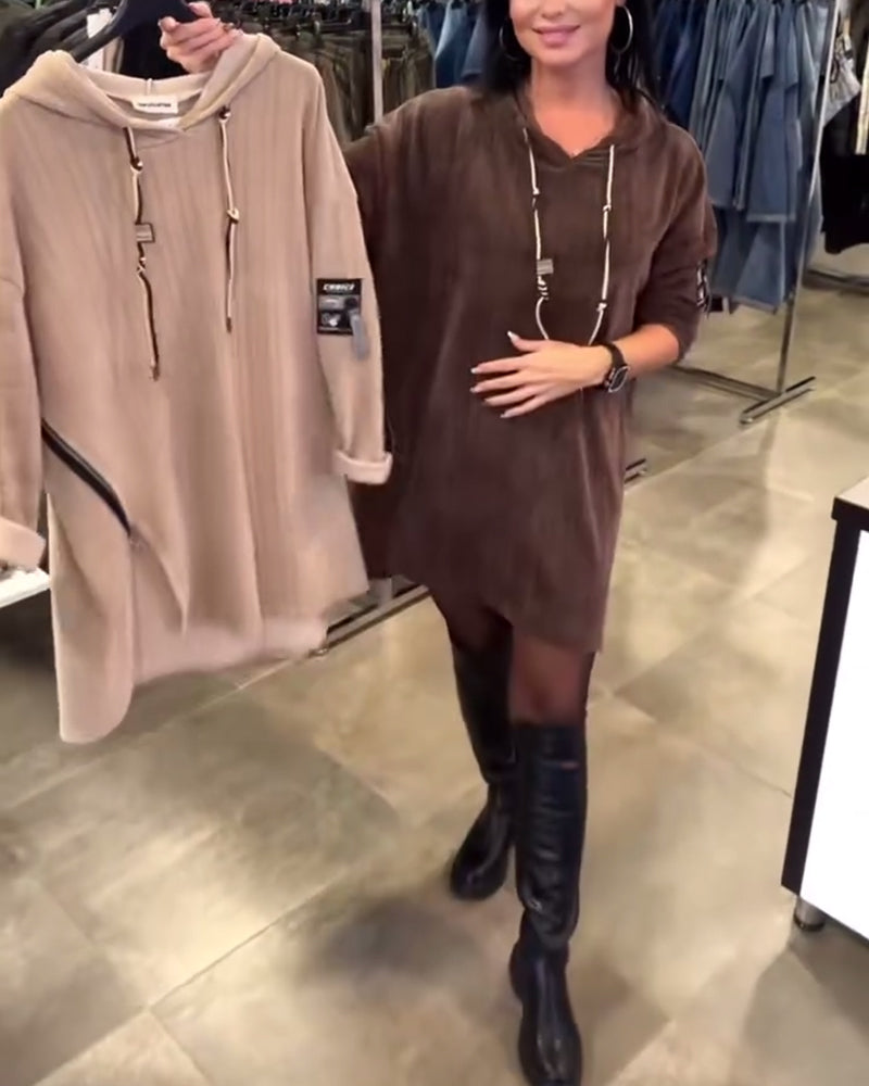 Long-Sleeved Hooded Dress in Solid Color