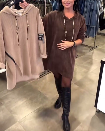 Long-Sleeved Hooded Dress in Solid Color