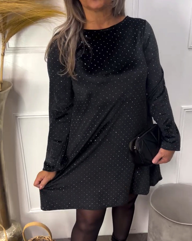 Rhinestone-Embellished Round Neck Dress