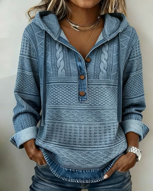 Denim Patchwork Hoodie with Cable Knit Design
