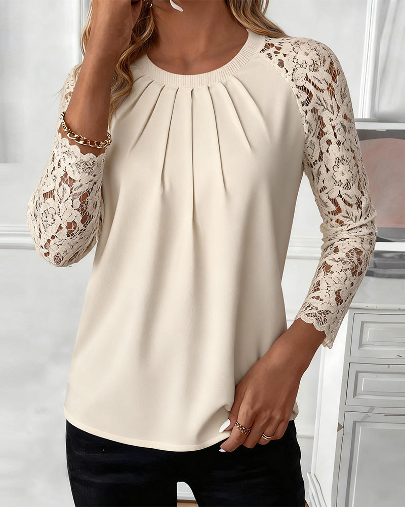 Pleated Lace Patchwork Top with Round Neck