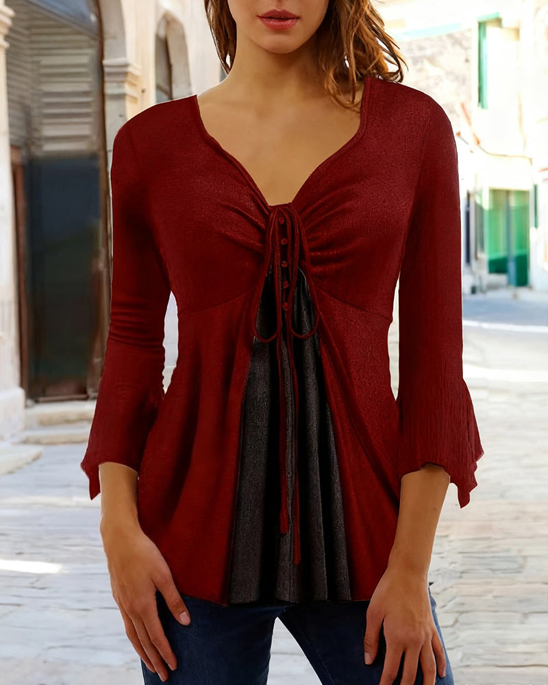 Bell-Sleeve Top with Bow Tie Detail