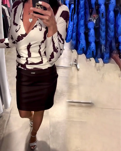 Printed Deep V-Neck Blouse